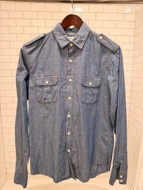 Saint Laurent Blue Chambray Military-Style Button Shirt